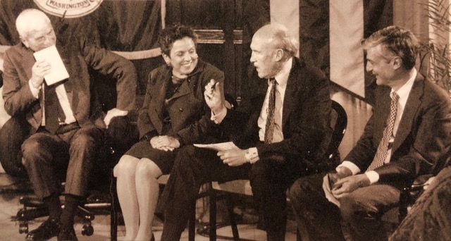 During the first Kalb Report, September 1994. From left, Moderator Marvin Kalb, Health and Human Services Secretary Donna Shalala, U.S. Sen. Alan Simpson, and National Economic Council Director Robert Rubin.