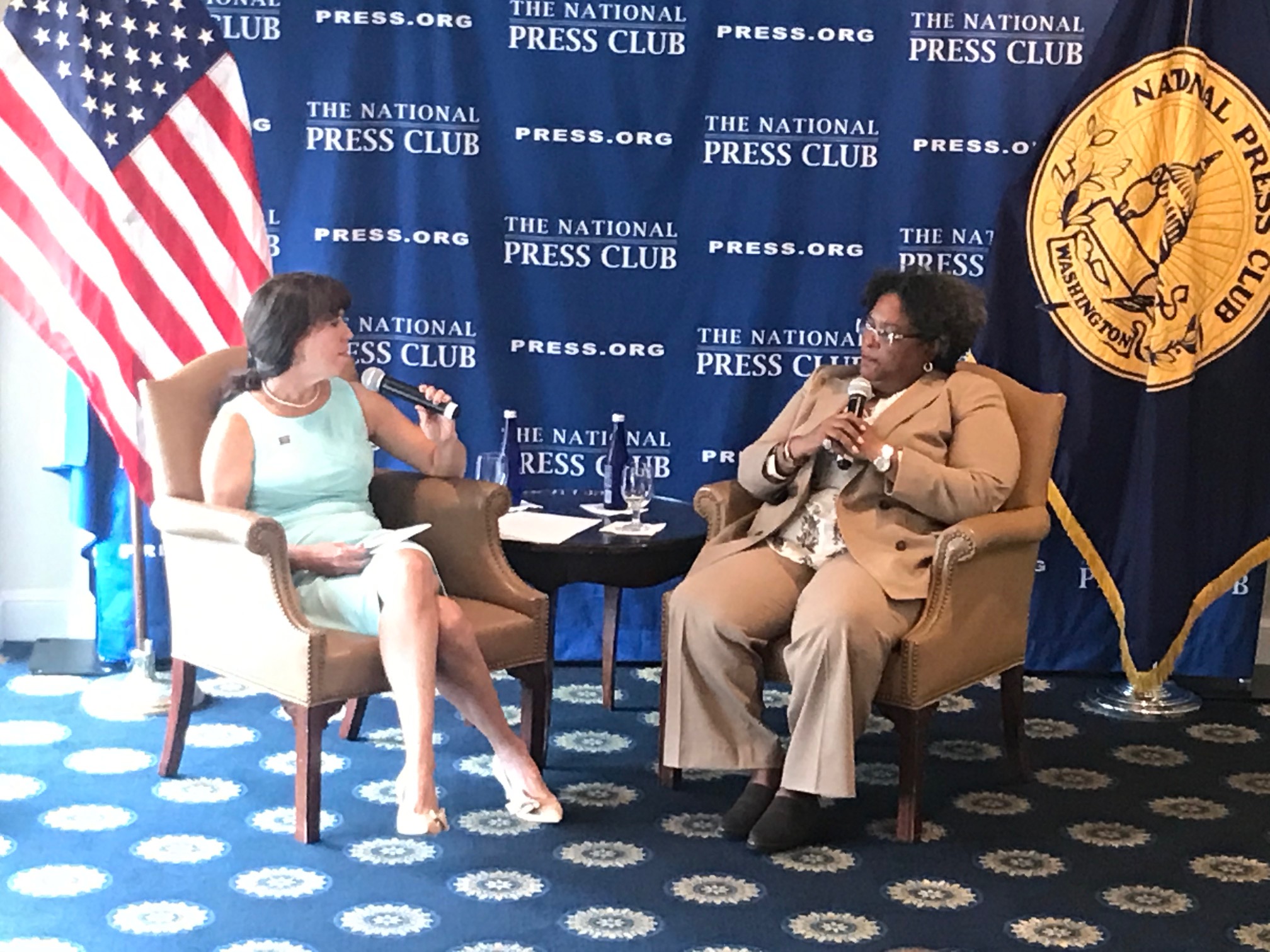 Barbados PM Mia Mottley (left) interviewed by NPC president Alison Kodjak Fitzgerald.