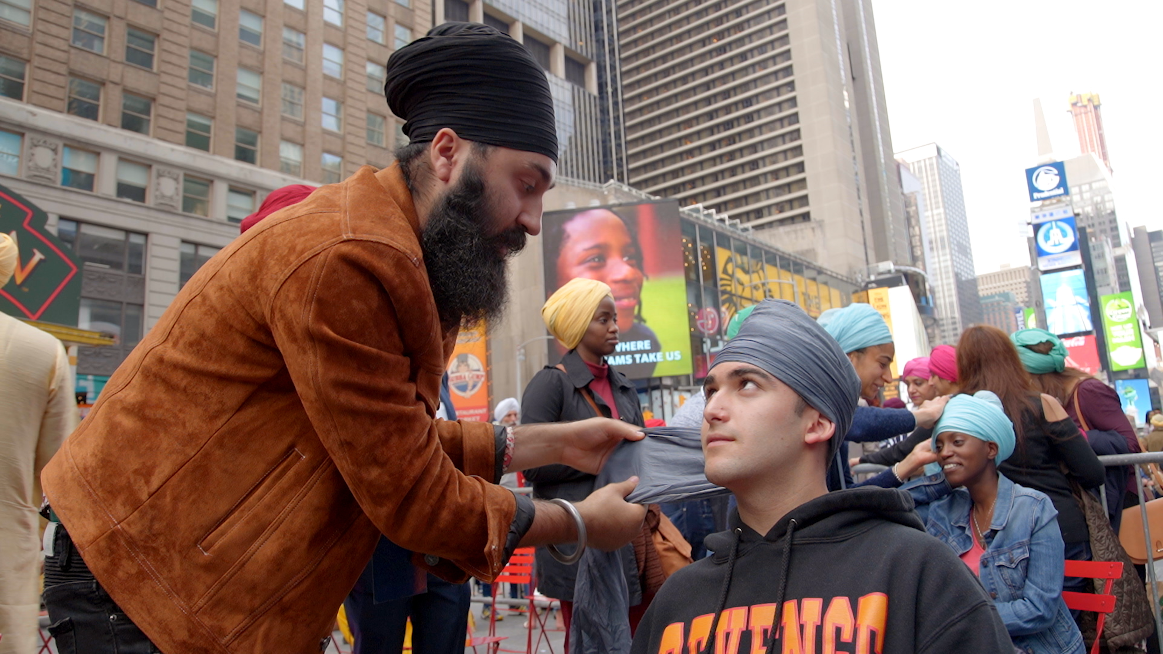 Turban Day in Times Square in New York City is a scene depicted in "Guru Nanak."