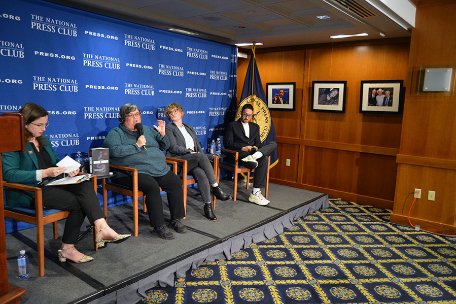 National Press Club Treasurer Emily Wilkins moderated a discussion with "Meme War" co-authors Joan Donovan, Emily Dretfuss and Brian Friedberg. Photo: Joseph Luchok