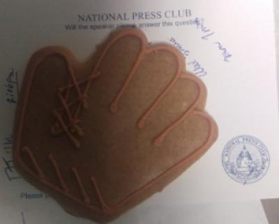A cookie from a 2018 National Press Club luncheon at which Joe Torre was a guest of MLB Commissioner Rob Manfred. .