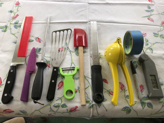 Kitchen tools including zester, spatula and scissors