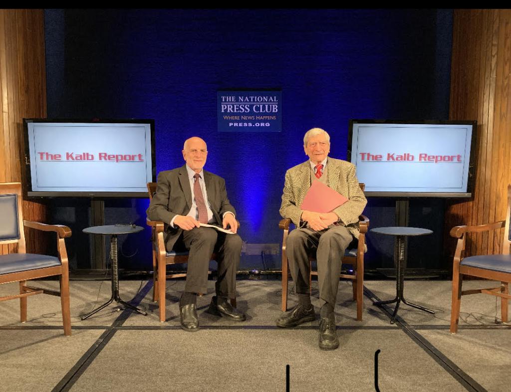 Photo of Mike Freedman and Marvin Kalb on set of 'Kalb Report.
